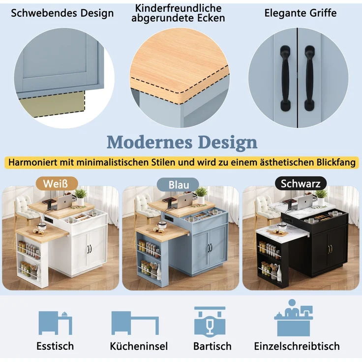 Kücheninsel 125,5-187,5x71x93 cm mit LED-Beleuchtung, USB-Anschluss und ausziehbarer Tischplatte – Bild 9