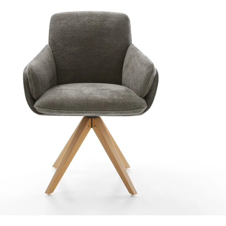 Drehstuhl Luan-Flex mit Armlehnen Bouclé Soft Schlamm Holzgestell kantig Natur 360° drehbar – Bild 2