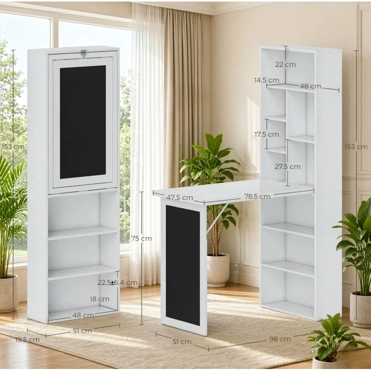 Klappbarer Schreibtisch 98x51x153 cm mit 9 Regalfächern und Schreibtafel – Bild 3
