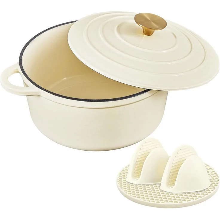 Zedelmaier Bräter Gusseisen Topf 22/24/26/28cm Incl. Silikon Topflappen Topfuntersetzer, (Set, 1 Pot mit 1 lid, 2 Ofenhandschuhe, 1 Topfuntersetzer), Backofengeeignet Induktionsgeeignet Zum Braten, Schmoren, Kochen