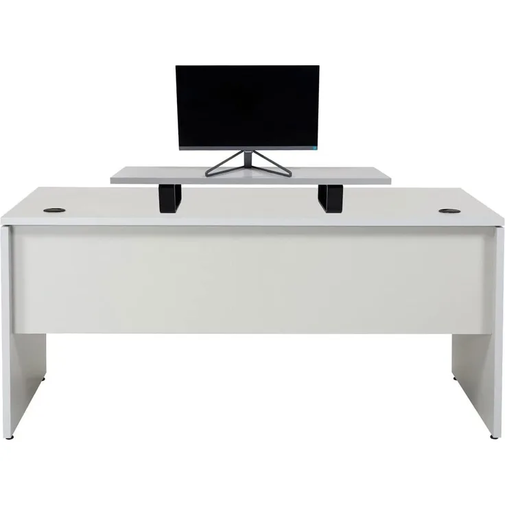 Furni24 Schreibtisch fürs Arbeitszimmer und Home Office - Großer laminierter Computertisch aus Holz, 2 Kabeldurchlässe, Bodengleiter (Grau, inkl. Monitorständer, 160 x 80 x 75 cm)