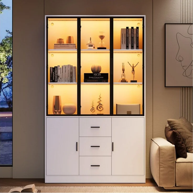 Merax Glasvitrine mit LED Beleuchtung, Highboard mit Glasfront (Bücherregal Sammlervitrine Wohnzimmerschrank, 1-St) Vitrine mit 5 Türen, 3 Schubladen & 13 Fächern, 120x30x200cm – Bild 3