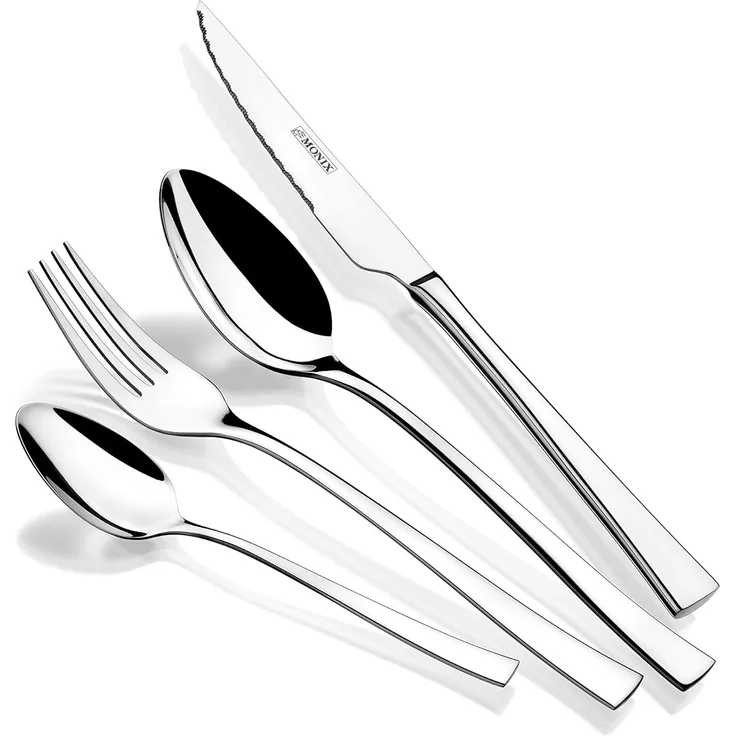 Monix Moddena Besteck-Set, 24-teilig, poliertes Finish, Edelstahl 18-10, mit Steakmesser, modernes Design, Dicke 2,5 mm