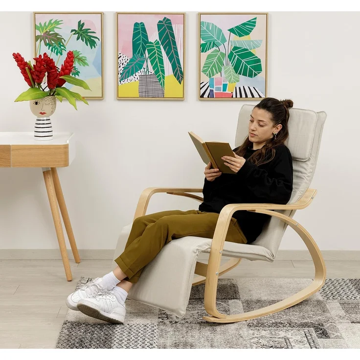 Baroni Home Schaukelstuhl mit Armlehnen aus Holz, ergonomischer Schaukelsessel mit Kopfstütze, 5-Höhen Fußstütze, bis 150 kg, Schlaf- und Wohnzimmer, Beige, 82 x 67 x 98 cm – Bild 7