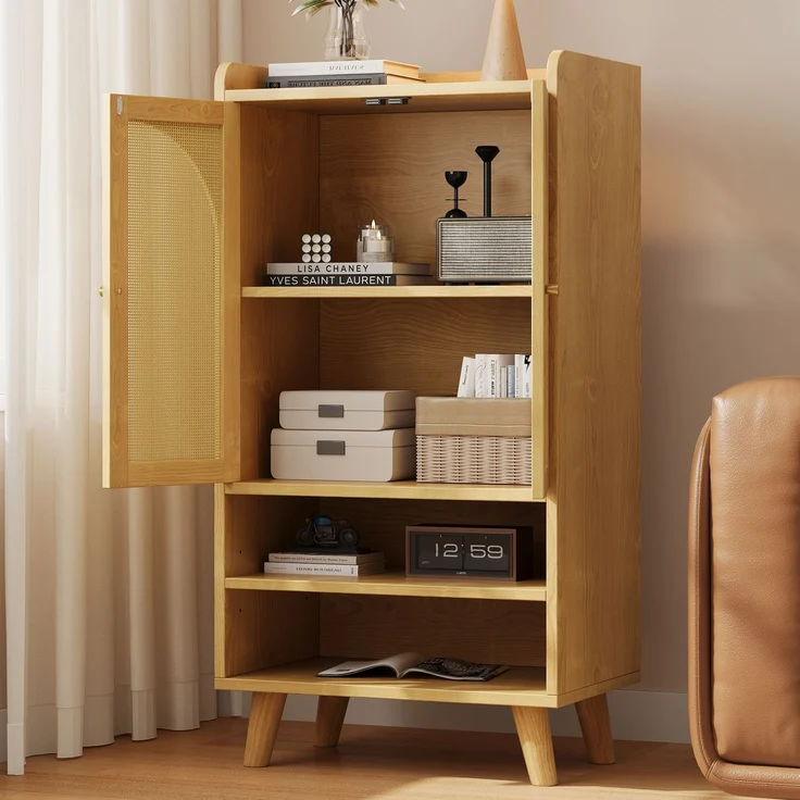 Rattan-Sideboard mit 2 Rattantüren und 2 offenen Fächern, Aufbewahrungsschrank / Buffet mit großem Stauraum, Holz-Highboard, Mehrzweckschrank für Flur, Wohnzimmer oder Küche, Maße: B60×T40×H121 cm--Natürlich--60x40x121cm--YOUDENOVA – Bild 1