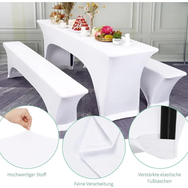 Elastische Biertischhussen Set 220x50x70cm 3x weiß Gartenbankett – Bild 3