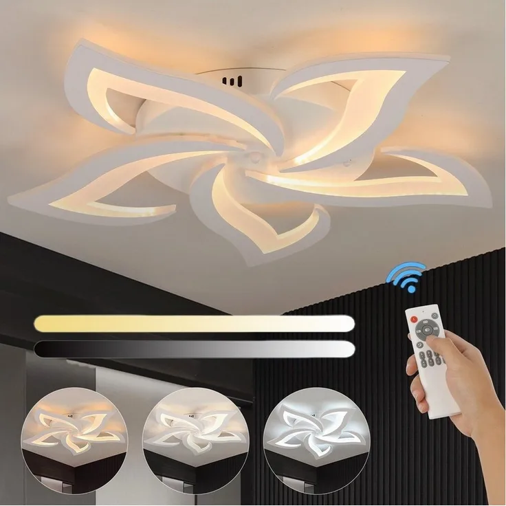 LETGOSPT Deckenleuchte 50W LED-Deckenleuchte, dimmbar, Wohnzimmerlampe mit Fernbedienung, LED fest integriert, Kaltweiß, Naturweiß, Warmweiß, 5 Sterne Blumen-Kronleuchter-Lampe,moderne Schlafzimmer-Deckenlampe