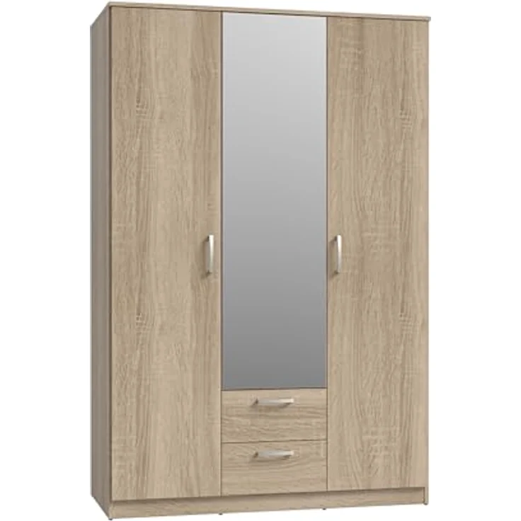 FORTE NIKO Schrank 120 130, Kleiderschrank mit Spiegel, Drehtürenschrank Skandinavisch 3-türig, mit 2 Schubladen, Einlegeböden und Kleiderstange, Sonoma Eiche, 123 cm breit x 185 cm hoch x 53 cm tief – Bild 4