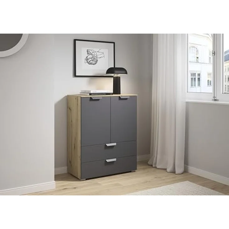rauch Aditio Box, Kommode, 2-türig, 2 Schubladen, mit Softclose-Funktion, Farbe Grau metallic/Eiche Artisan, BxHxT 80x100x42cm – Bild 2
