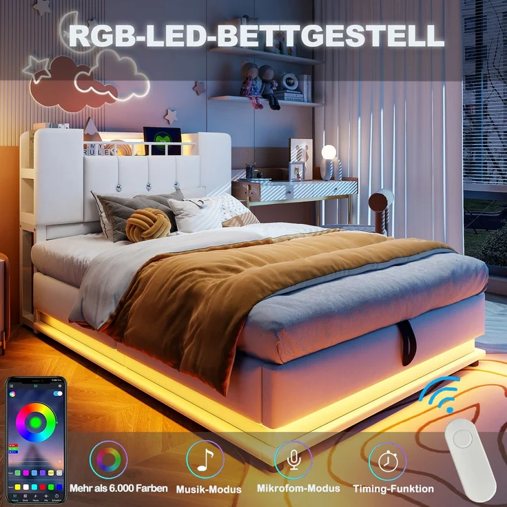 EINHOM Smartes Polsterbett für Kinder 90 x 200 cm, Gepolstert, mit LED-Beleuchtung, USB-Anschluss und Hydraulischem Stauraum, Weichem Samtbezug, Metallrahmen, Beige, (Ohne Matratze) – Bild 6