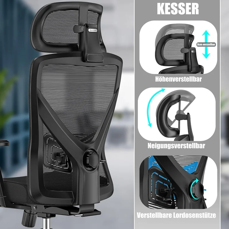 KESSER® Bürostuhl mit verstellbaren Armlehnen | Drehstuhl mit Lendenwirbelstütze Rückenschonend | Schreibtischstuhl ergonomisch mit Kopfstütze | Office Chair Wippfunktion bis 125° mit 5x Gummirollen Schwarz / Silber – Bild 4