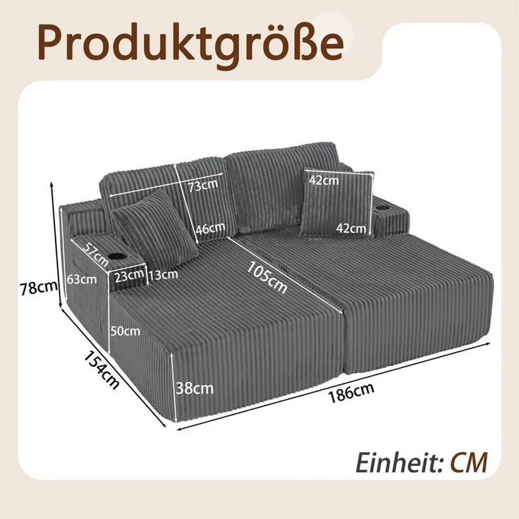 Celya Sofa 2-Sitzer Relax-Schlafsofa, Lounge-Sessel, weich Kordstoff, mit seitlicher Magazintasche, Getränkehalter und Kissen, für Wohnzimmer, Spielzimmer, Arbeitszimmer, Gästezimmer und Wohnung – Bild 2