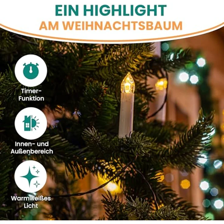 Gartenpirat LED-Lichterkette 14,5m 30 LED-Kerzen warmweiß Timer Weihnachtsbeleuchtung Innen&Außen – Bild 3