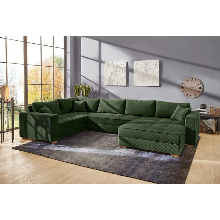 Wohnlandschaft U-Form Sofa Schlaffunktion Couch Bettkasten Cord in Grün – Bild 4
