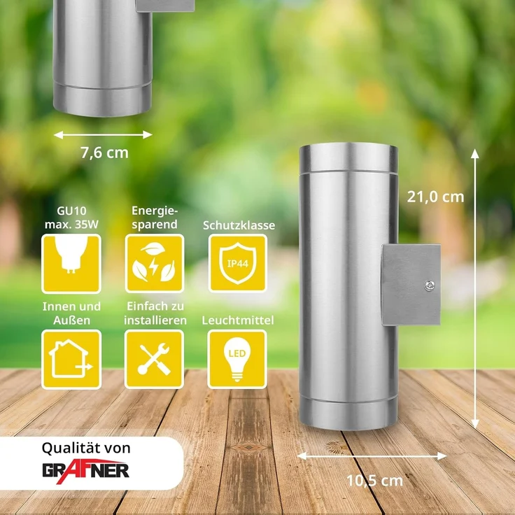 Grafner Außen-Wandleuchte Wandlampe Edelstahl Leuchte Lichtschein Up Down Oben Unten, ohne Leuchtmittel, Maße: ca. 10,5 cm x 7,6 cm x 21 cm – Bild 4