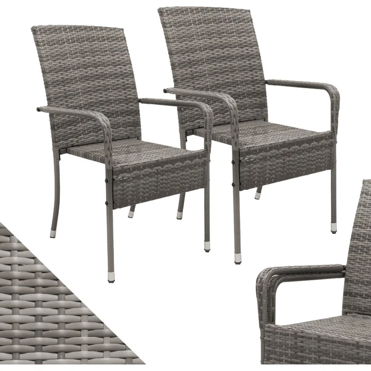 Juskys Polyrattan Gartenstühle Yoro 2er Set - mit Armlehnen & Rückenlehne - 2 Stühle stapelbar - Rattan Stuhl Garten - Stapelstuhl Grau-meliert – Bild 1