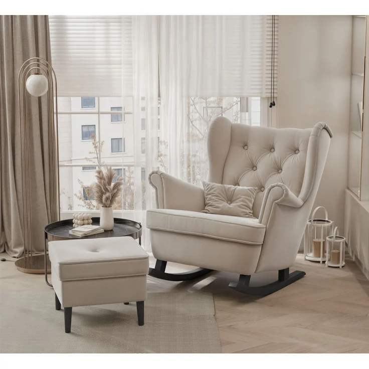 Schaukelsessel Ohrensessel Sessel NINON inkl. Hocker in Stoff Trinity Beige – Bild 3