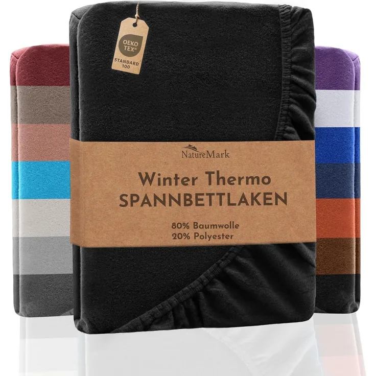 NatureMark Spannbettlaken Winter Thermo Fleece Spannbettlaken, 80% Baumwolle und 20% Polyester, Gummizug: rundum, (1 Stück), 90x190 bis 100x200 cm - Schwarz