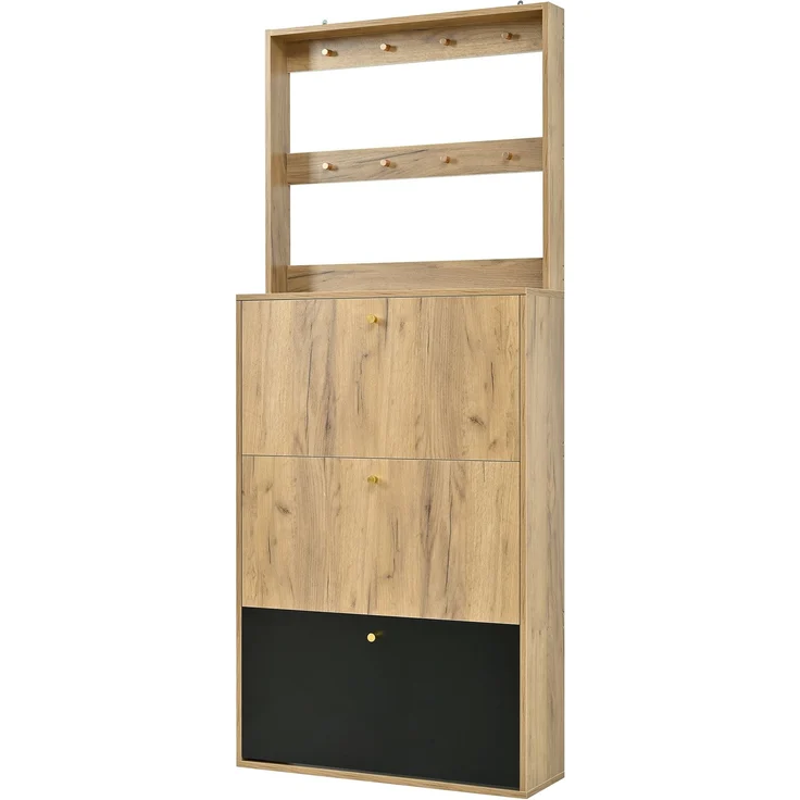 ZUBALIYA Schuhschrank (75 x 24 x 180 cm), Haken zur Aufbewahrung, Aus Spanplatte, Stauraum für Flur und Eingangsbereich, Schwarz / Naturfarben – Bild 18