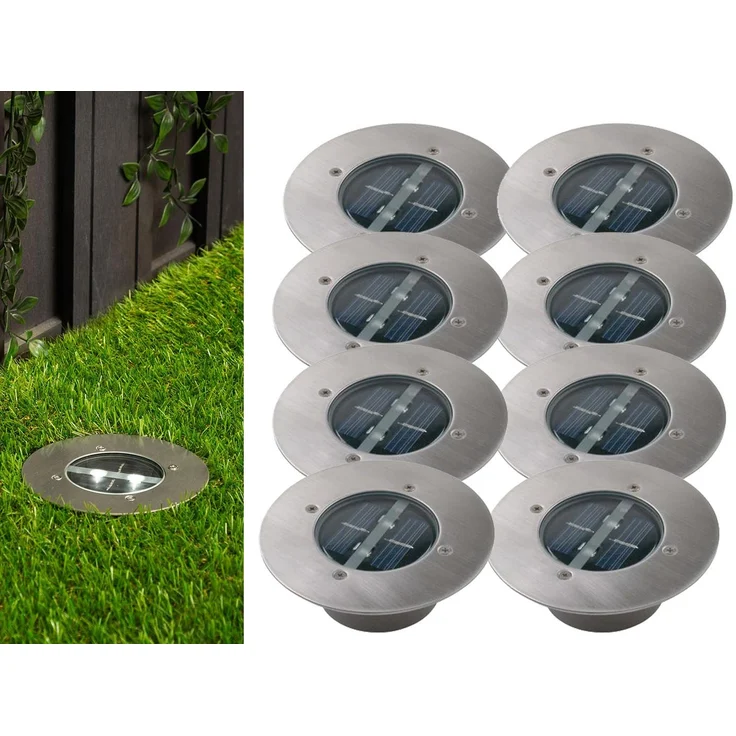 Solar LED Bodeneinbaustrahler 8er SET für Außen, Edelstahl rund Ø14cm IP67 – Bild 1