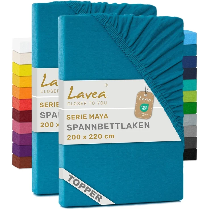 2er Set Lavea Topper Spannbettlaken - Spannbetttuch Jersey Topper Serie Maya, 200x220 cm, Aquamarin, 100% Baumwolle, hochwertige Verarbeitung, mit Gummizug