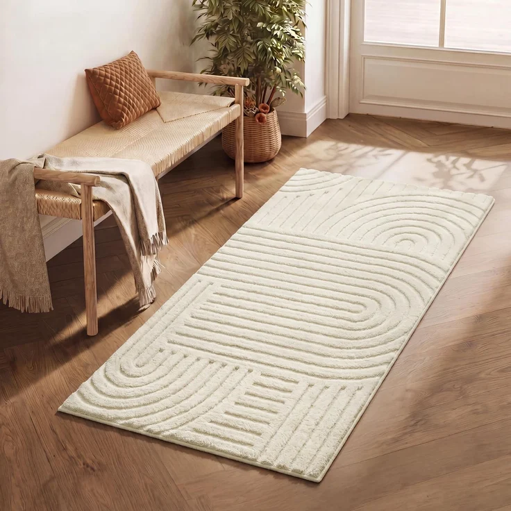 SONGMICS Teppich, 3D Hoch-Tief-Flor, Geometrisches Muster, 150 x 80 x 1 cm | Maschinenwaschbar, Rutschfeste TPR-Rückseite, für Wohnzimmer und Schlafzimmer, Cremeweiß, HILA Kollektion TAR131WZ02