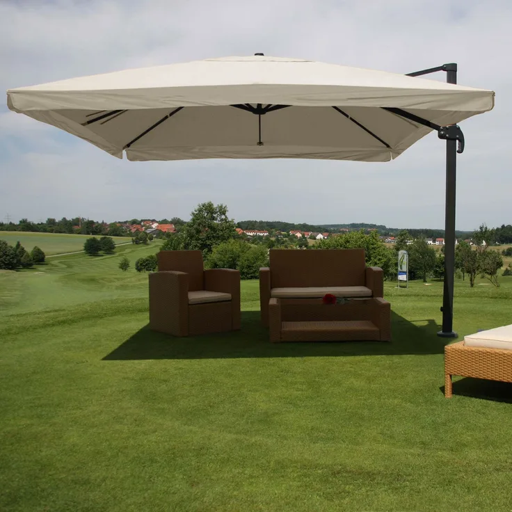 Gastronomie-Ampelschirm HWC-A96, 3x3m (Ø4,24m) Polyester Alu/Stahl 23kg ~ Flap, creme-grau ohne Ständer, drehbar