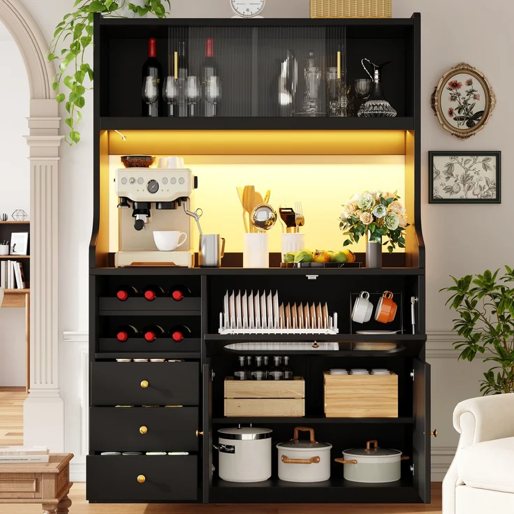 EINHOM Hochküchenschrank 120 cm mit App-gesteuerter RGB-LED, Glasschiebetüren, Weinregal & Klapptüren nach oben, 3 Schubladen, Weiß/Schwarz, Schwarz – Bild 5