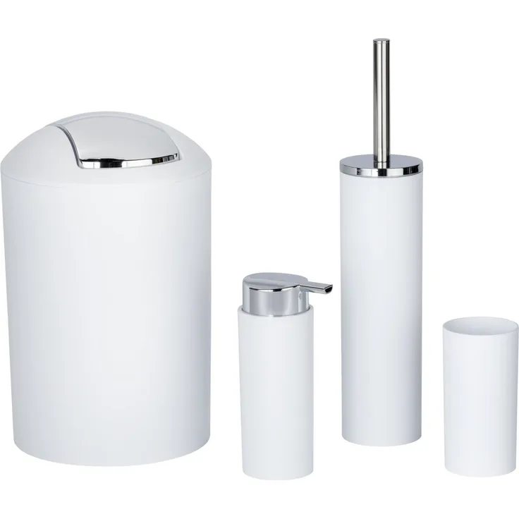WENKO CALVO Accessoire Set, Weiß, Zahnputzbecher, Seifenspender, WC-Garnitur, Kosmetikeimer