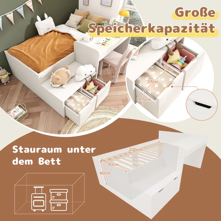 Kinderbett mit Schreibtisch & 2 Schubladen, Kiefer-Massivholz/MDF, 137x205x82,5 cm, Weiß, ohne Matratze – Bild 6