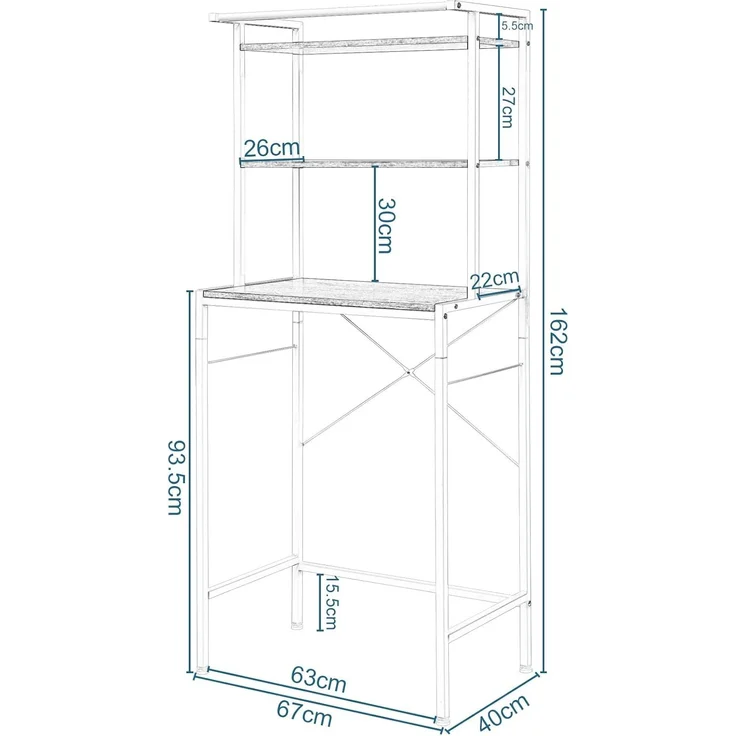 EUGAD Waschmaschinenregal, WC Regal über Waschmaschine Toilette, Waschmaschinenschrank Überbauschrank, Toilettenschrank, 3 Ablagen, Handtuchhalter, Metall Holzwerkstoff, 67 x 162 x 40 cm, Weiß – Bild 2