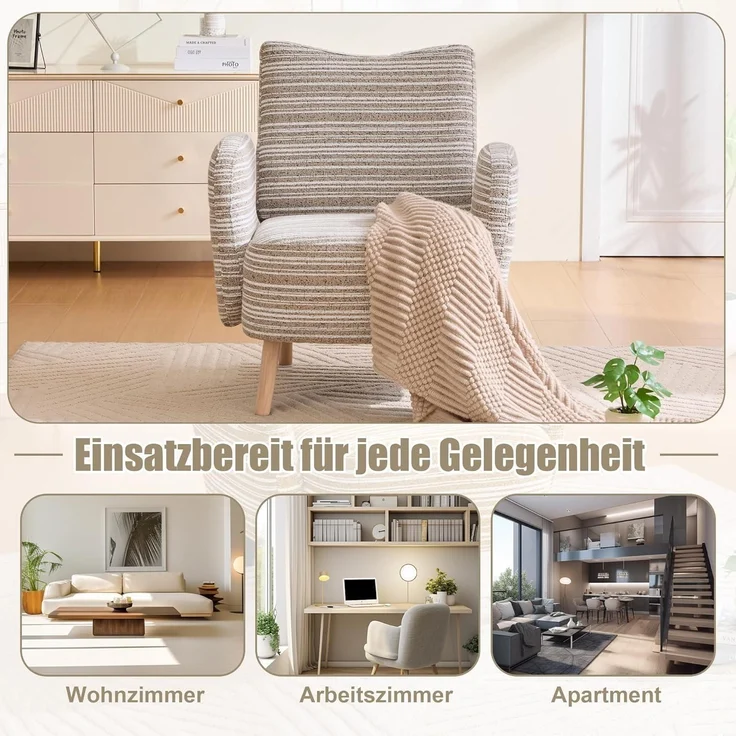 Ohrensessel Fernsehsessel Boucle Sessel Massivholzbeine 77x81cm Khaki – Bild 7