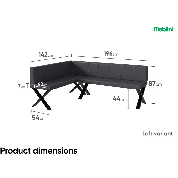 MEBLINI Eckbank für Esszimmer - Küchenbank - Essecke - Sitzecke Küche - PETER - X-Beine 142x196x87cm Links - Grau Kunstleder – Bild 7