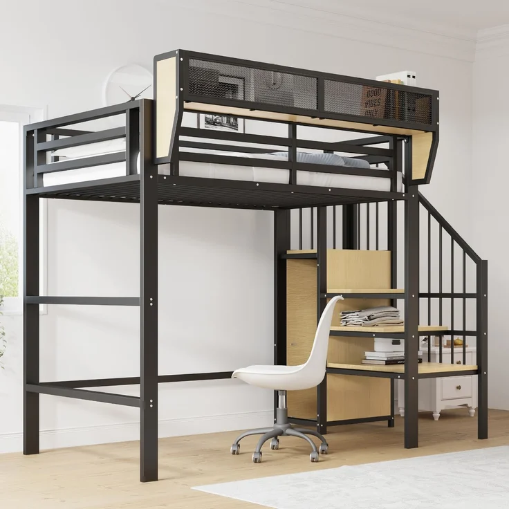 Merax Hochbett 90x200cm, Etagenbett, Kinderbett mit Sicherheitsleiter und flexiblem Staufach, Metallbett, Schwarz – Bild 3