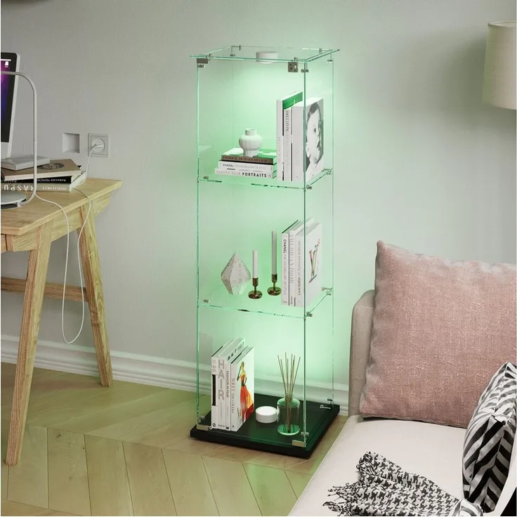 FUROKOY Glasvitrine Standvitrinen, Vitrine aus gehärtetem Glas (Set, 1-St, Vitrinenschrank mit 1 Glastür und Beleuchtung für Sammler, Bücher) Schwarz 3 Lagen Sammlervitrine