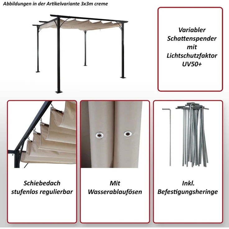 Pergola HWC-C42 mit Schiebedach, Stahl / Stoff, Taupe-Braun, 3,5x3,5 m – Bild 2