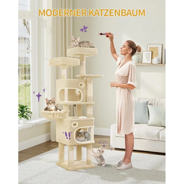 Kratzbaum, 159 cm Katzenbaum mit 8 Kratzsäulen, 3 Plattformen, 2 Höhlen, Korb, Plüschbälle, Sisalseil, Geeignet für Katzen Verschiedener Größen, Beige