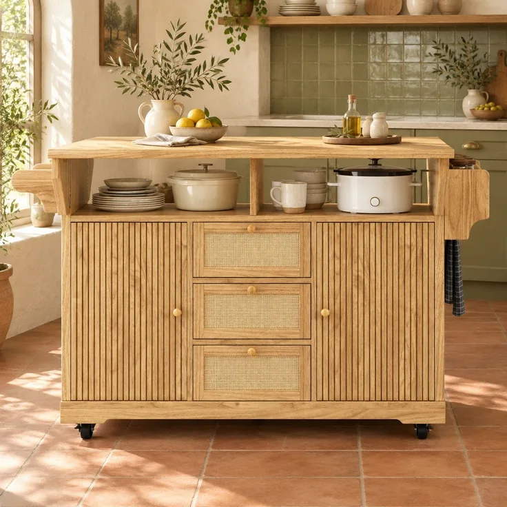 Küchenwagen B 142,5 x T 80 x H 95 cm, klappbar und erweiterbar, aus MDF mit PE-Rattan