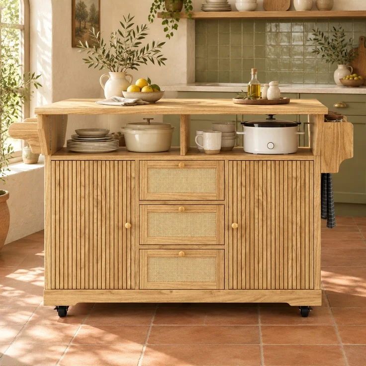 Küchenwagen B 142,5 x T 80 x H 95 cm, klappbar und erweiterbar, aus MDF mit PE-Rattan – Bild 1
