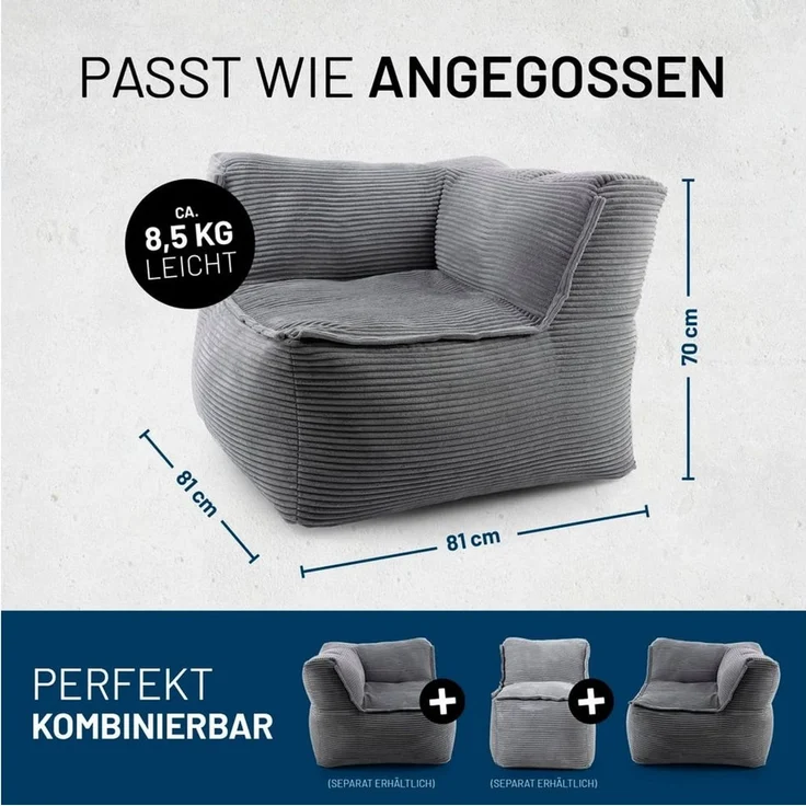 Lumaland Modulares Eckteil rechts - Cord-Reihe | Indoor Sitzsack mit Softer Struktur, ideal Sofa Modulen & zum Pouf | Bean Bag mit Füllung - für Wohnzimmer & Co. - 81 x 81 x 70 cm – Bild 3
