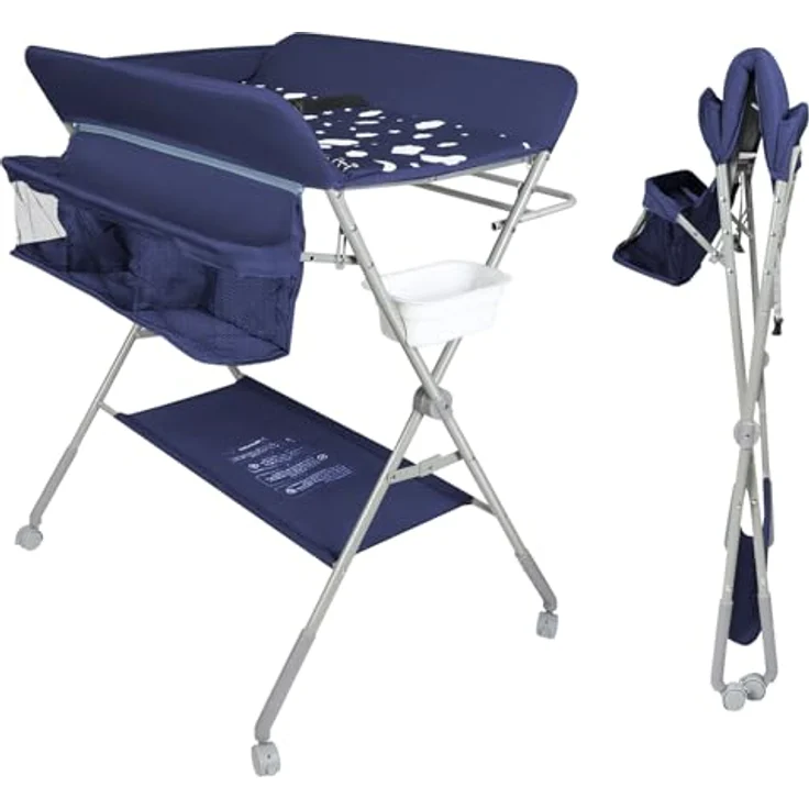 Baby Klappbarer Wickeltisch，Mobiler Wickeltisch mit Rollen und Wickelauflage,Wasserdicht und Höhenverstellbar，Baby Wickelkombi mit Ablagefächern-80 * 58 * 90 cm-Marineblau – Bild 2