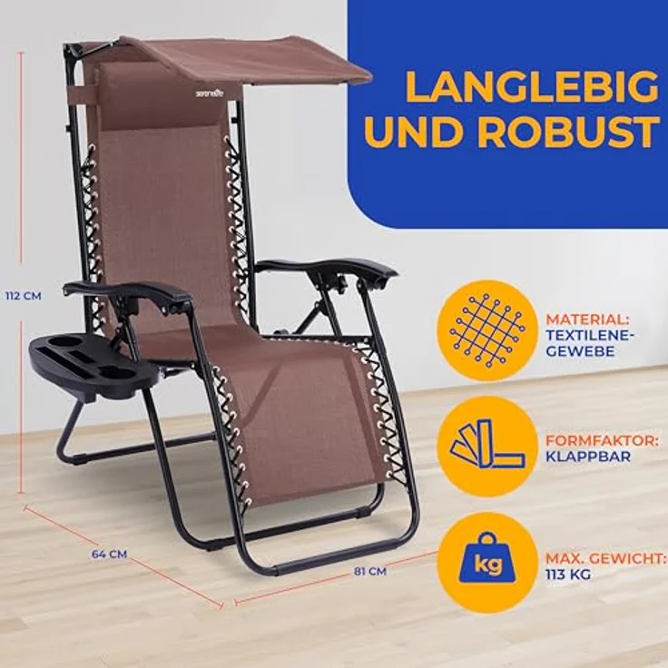 SereneLife Sonnenliege Klappbar 2er Set, Gartenliege Wetterfest zum Liegen & Relaxen, Deckchair mit mit Sonnendach, Beistelltisch & Getränkehalter, Campingstuhl Verstellbar mit Stahlrahmen bis 120 KG – Bild 4