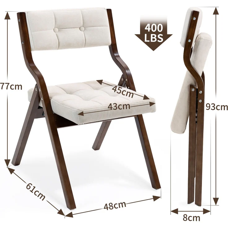 Klappstühle aus Holz mit Samtpolsterung in Creme, 2er-Set,H 77 x T 61 x B 48 cm – Bild 5