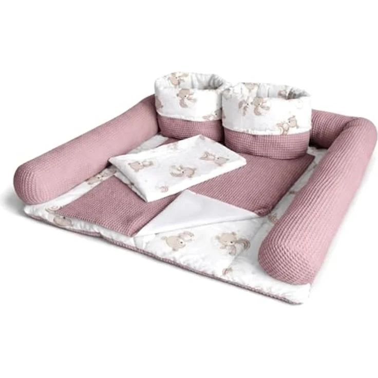 Wickelauflage Set 6-teilig – Wickelunterlage aus Baumwolle & Waffelstoff – Baby Wickelauflage – Geschenk zur Babyparty – Wickeltischauflage – 85x75 cm (Breite x Tiefe), Teddy und rosa – Bild 1
