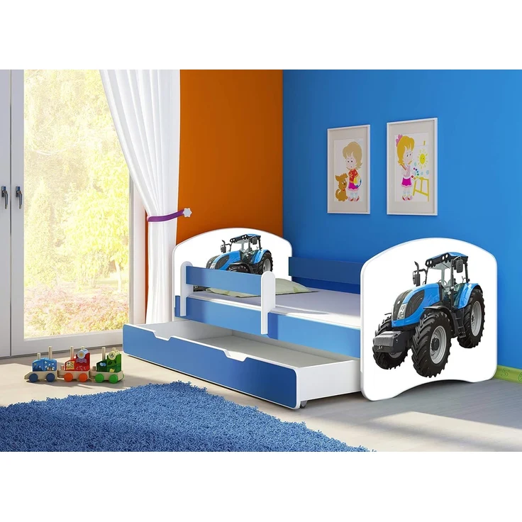 ACMA Kinderbett Jugendbett mit Einer Schublade und Matratze Blau mit Rausfallschutz Lattenrost II 140x70 160x80 180x80 (42 Traktor, 160x80 + Bettkasten) – Bild 2
