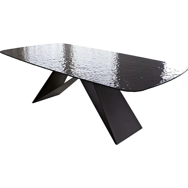 Esstisch Edge Boot 240x120 Reliefglas Rauchschwarz 3D-Design V-Gestell Flachstahl Schwarz