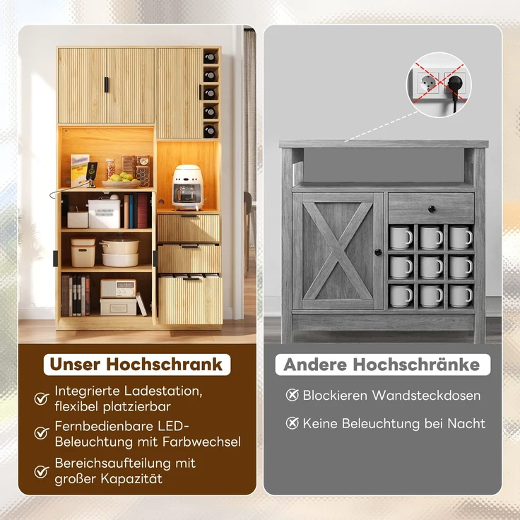 ZUBALIYA Weinschrank 105x40x180 cm, mit LED-Beleuchtung, mit Steckdosen, mit verstellbaren Einlegeböden, aus MDF, Natur – Bild 24