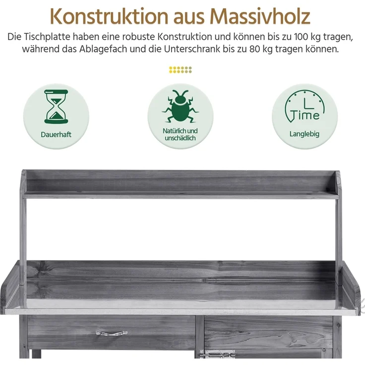 Yaheetech Pflanztisch Garten Pflanztisch mit Schubladen & Unterschrank, Outdoor Gärtnertisch Holzpflanztisch mit verzinkt Arbeitsplatte, Grau – Bild 5