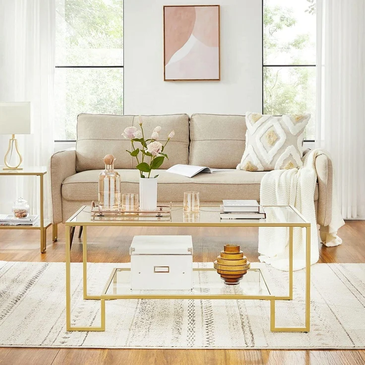 VASAGLE Couchtisch, Glastisch, Wohnzimmertisch, 2 Ablagen aus Hartglas, Stahlgestell, 100 x 55 x 45 cm, Dekoration, für Wohnzimmer, goldfarben – Bild 3