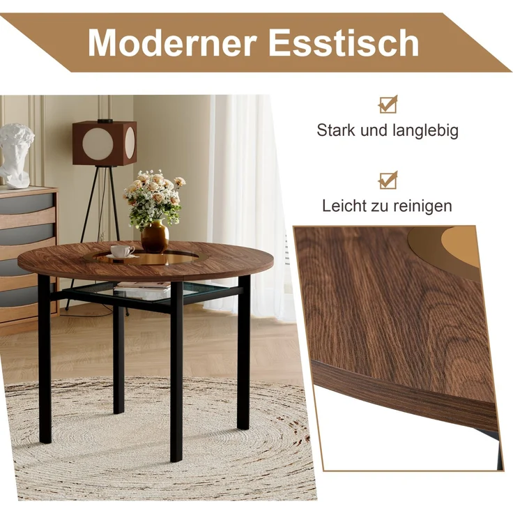 Essgruppe mit rundem Tisch Ø 100x76 cm, Glasablage & PU-Stühlen, Braun/Schwarz/Warmgrau – Bild 5